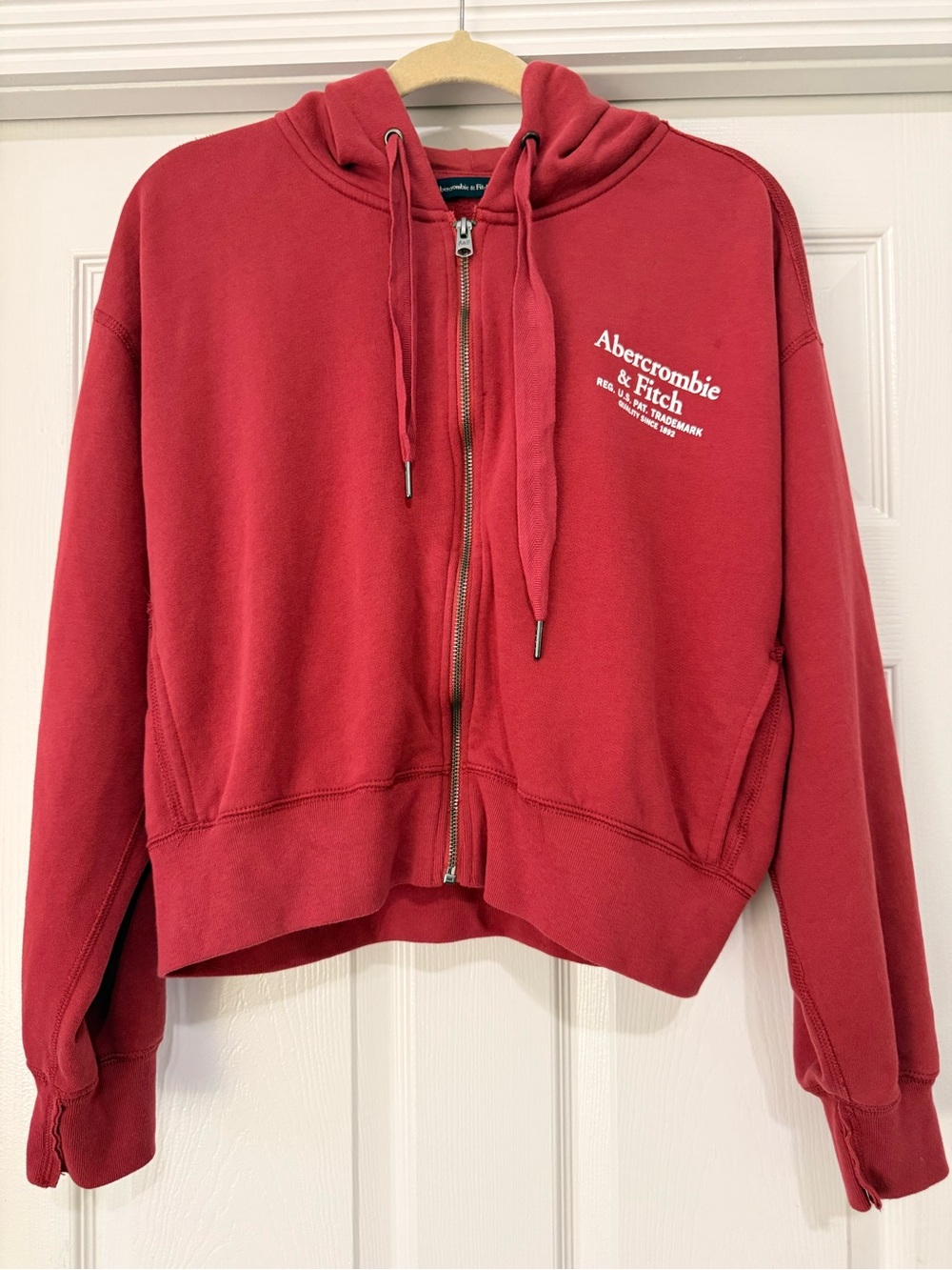 Vintage Abercrombie & Fitch Women's Deep Red Zip-Up Hoodie Jacket